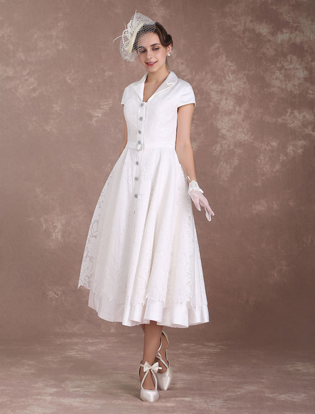 Milanoo Brautkleider Vintage Spitze A-Linie- Designender Ausschnitt Hochzeitskleid Vintage Elfenbein