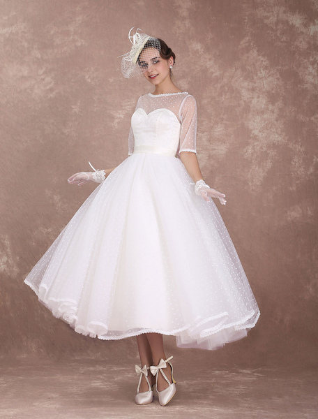 Milanoo Vintage Wedding Dress 1950'S Short Bridal Dress Ivory Backless Polka Dot Half Sleeve Sweethe