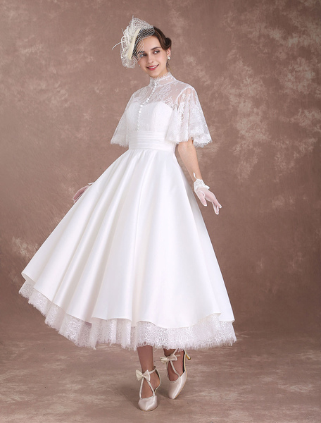 Milanoo Brautkleider Vintage A-Linie- Elfenbeinfarbe       Halskragen Hochzeitskleid Vintage Spitze