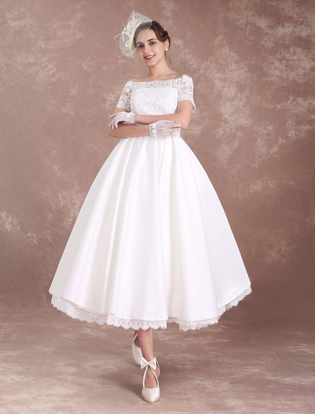 milanoo.com Short Wedding Dresses Vintage Bridal Dress 1950'S Bateau Lace Short Sleeve Ivory Bow Sash Tea Length Wedding Reception Dress Milanoo