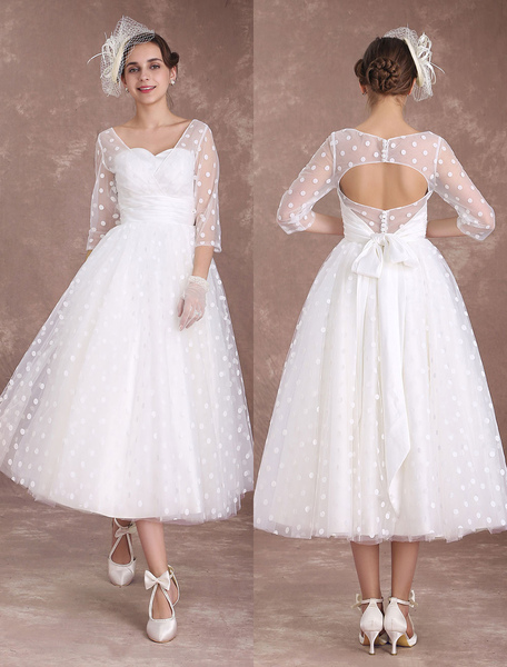Milanoo Vintage Wedding Dress Short 1950'S Bridal Dresses Ivory Long Sleeve Open Back Polka Dot Ribb