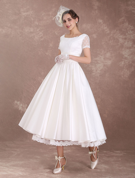 Milanoo Vintage Wedding Dress Short Sleeve 1950'S Bridal Dress Backless Polka Dot Lace Trim Ivory We
