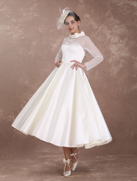 Milanoo Wedding Dresses Short 1950'S Vintage Bridal Dress Long Sleeve Sweetheart Neckline Satin Ivor