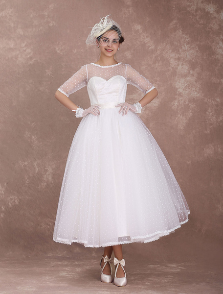Milanoo Vintage Wedding Dress 1950'S Short Bridal Dress Ivory Backless Polka Dot Half Sleeve Sweethe