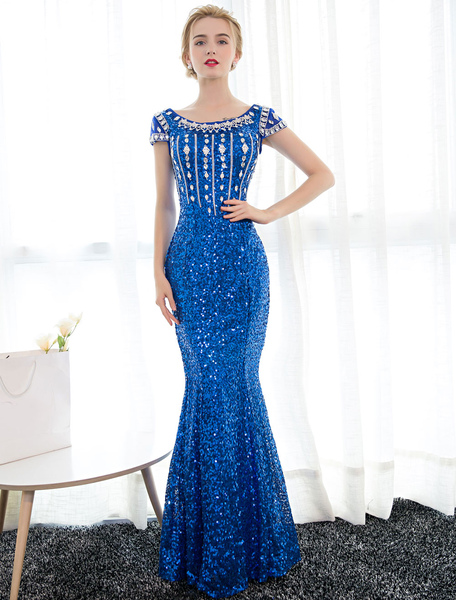 Milanoo Sequin Evening Dresses Royal Blue Mermaid Formal Dress Rhinestones Beaded Cap Sleeve Floor L