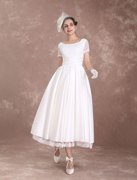 milanoo.com Vintage Wedding Dress Short Sleeve 1950'S Bridal Dress Backless Polka Dot Lace Trim Ivory Wedding Reception Dress Milanoo