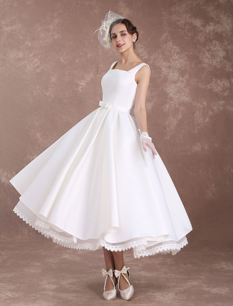 Milanoo White Wedding Dresses Short Vintage Bridal Dress 1950'S Satin Straps Bow Sash Tea Length Roc