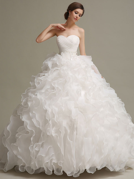 Milanoo Wedding Dresses Princess Ball Gowns Strapless Sweetheart Neckline Pleated Frills Beaded Sash