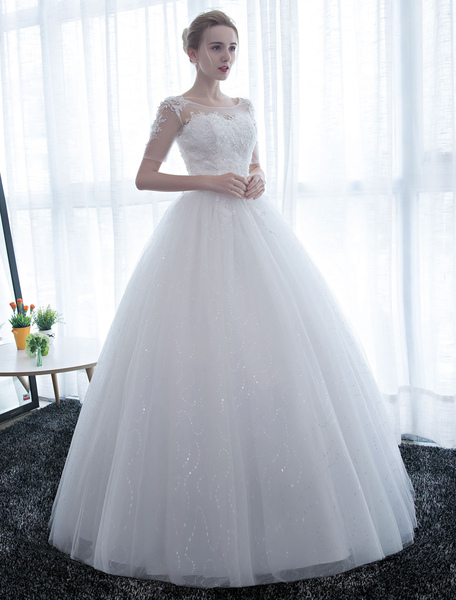 Milanoo Ivory Wedding Dress Princess Ball Gown Bridal Dress Half Sleeve Lace Applique Pearls Beaded