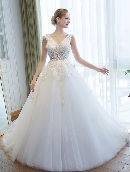 Milanoo Wedding Dresses Princess Ball Gown Ivory Bridal Gown V Neck Illusion Backless Lace Applique