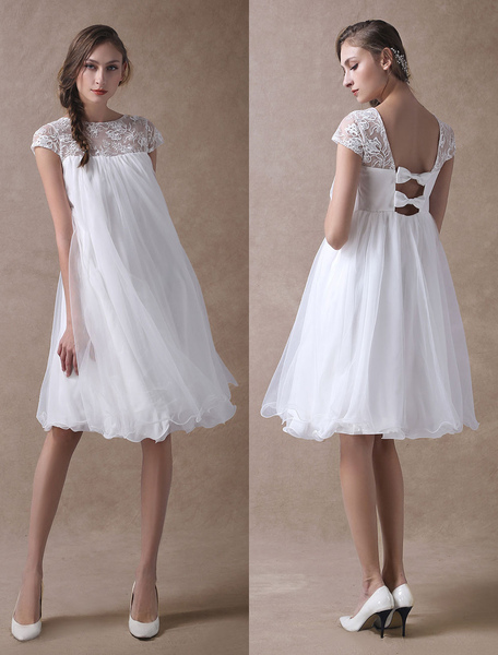 Milanoo Simple Wedding Dresses Short Empire Waist Lace Tulle Cap Sleeve Pregnant Bridal Dress