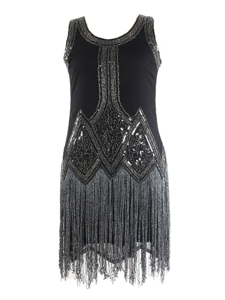 Milanoo 1920s Fashion Style Outfits Great Gatsby Flapper Dress Black Sequined Sleevesless Round Neck