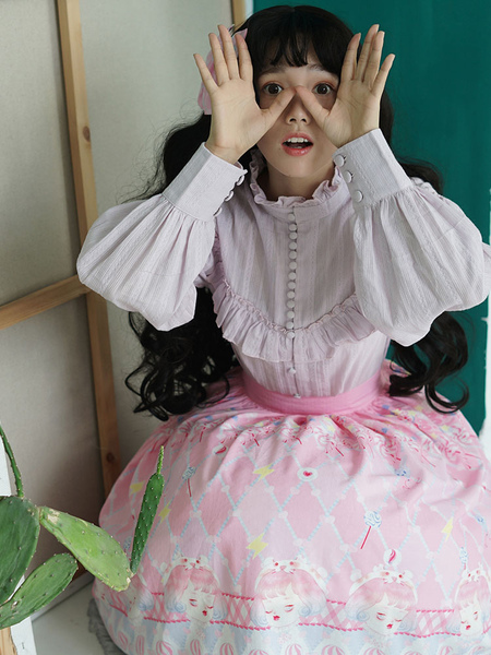 Image of Camicetta Lolita classico & tradizionale monocolore pieghettature con annodature maniche lunghe con colletto alla coreana