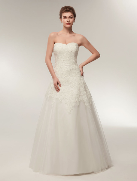 Milanoo Wedding Dresses Strapless Lace Maxi Bridal Dress Sweetheart Neckline Floor Length Ivory Wedd