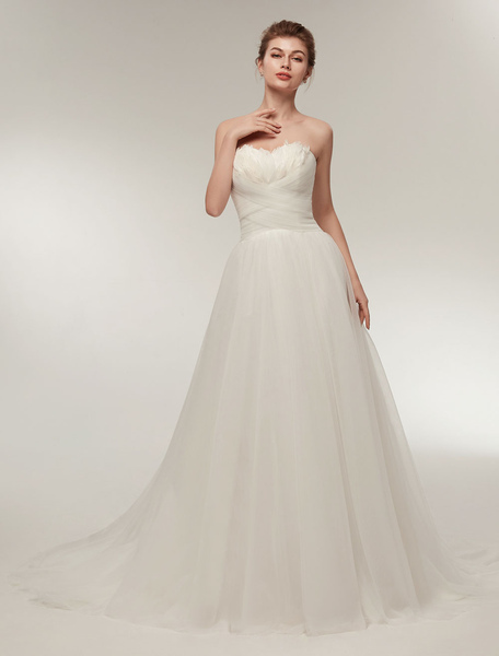 Milanoo Strapless Wedding Dresses Ivory Sweetheart Neckline Bridal Gown Feathers Tulle Wedding Gown