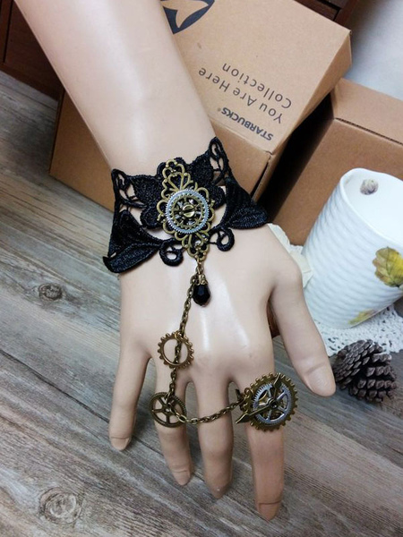 bracelet lolita steampunk bicolore ornement métallique avec bracelet tea party accessoire noire déguisements halloween