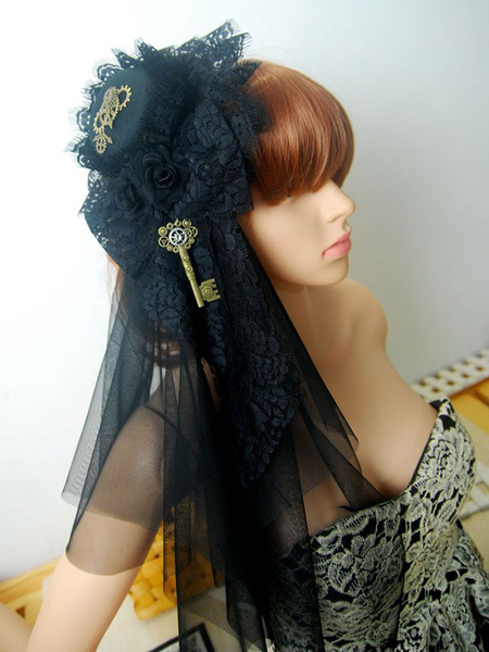 Milanoo Steampunk Lolita Veil Tulle Lace Hat Metal Detail Ruffle Black Lolita Headdress