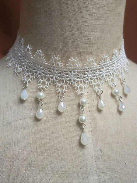 Milanoo Classic Lolita Choker Necklace Lace Pearl Dangle White Lolita Jewelry