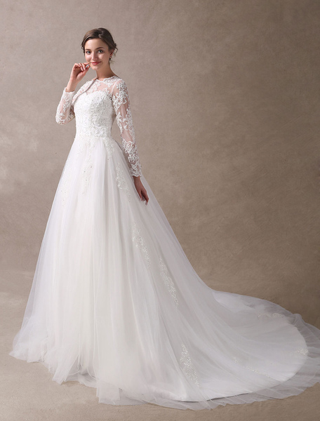 Milanoo Wedding Dresses Princess Ball Gowns Ivory Long Sleeve Lace Applique Beading Chapel Train Bri