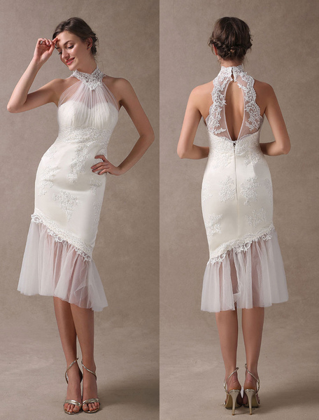 Milanoo Robe de mariée courte tissue de satin zip sur dos longueur cheville robe de mariage