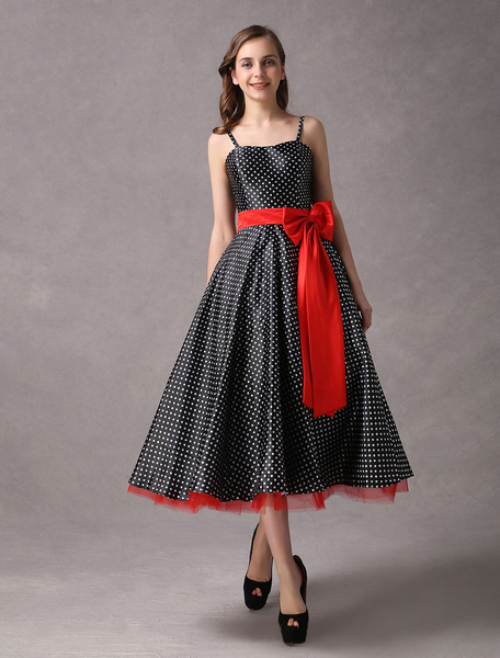 Image of Rockabilly Bridesmaid Dresses Black Polka Dot Printed Vintage Ribbon Bow Sash Straps Tea Length Wedding Party Dress