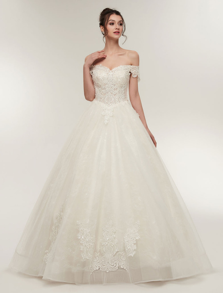 Milanoo Princess Wedding Dresses Off The Shoulder Ivory Bridal Dresses Lace Applique Tulle Floor Len