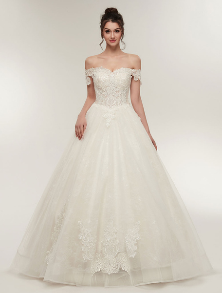 Milanoo Princess Wedding Dresses Off The Shoulder Ivory Bridal Dresses Lace Applique Tulle Floor Len