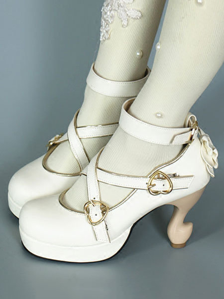 Image of Scarpe da Lolita bianche squadrato tacchi strani zeppa 8cm