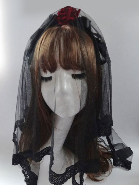 Milanoo Gothic Lolita Headdress Tulle Lace Flower Black Lolita Veil
