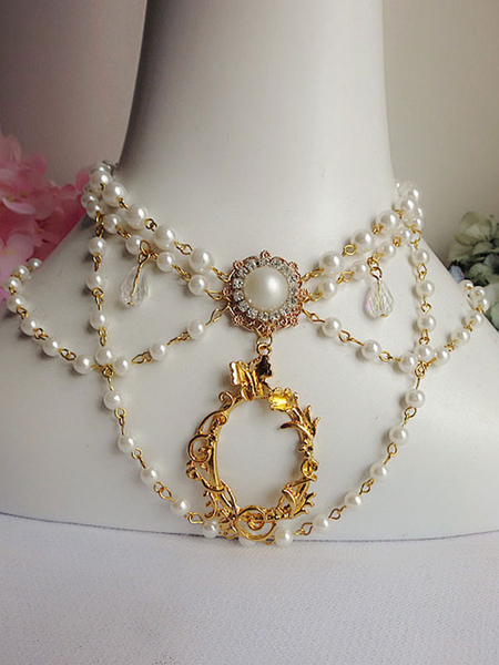 Image of Lolita collana bianca dolce bicolore Tea party con decori in metallo&perle in lega d'acciaio
