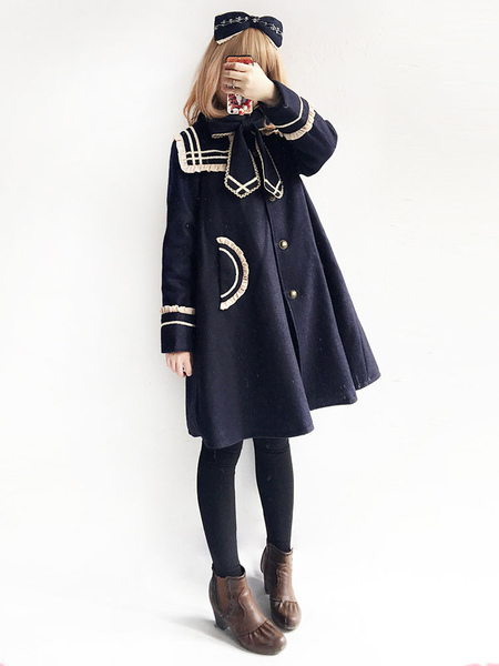 Image of Sailor Lolita Coat Infanta Two Tone Bowknot Tweed Dark Brown Lolita Overcoat