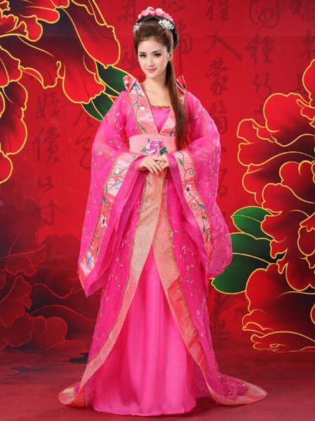 Milanoo Chinese Costume Female Traditional Rose Chiffon Women Hanfu Dress Ancient Tang Dynasty Cloth