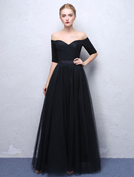 Milanoo Black Prom Dresses 2021 Long Off The Shoulder Evening Dress Half Sleeve Pleated Maxi Formal