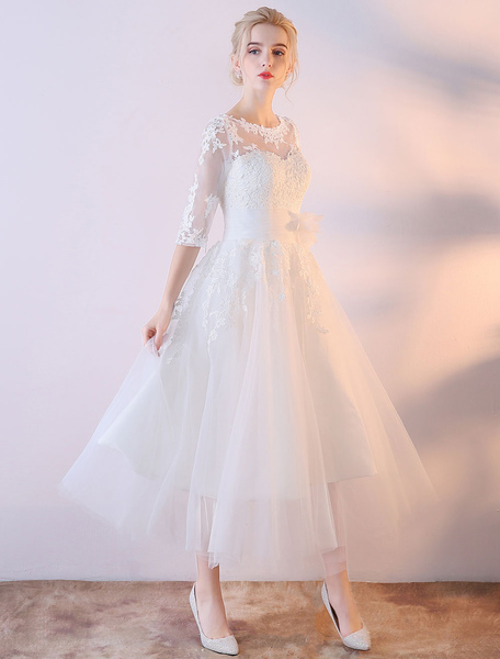 Milanoo Short Wedding Dresses White Half Sleeve Lace Applique Tea Length Bridal Dress