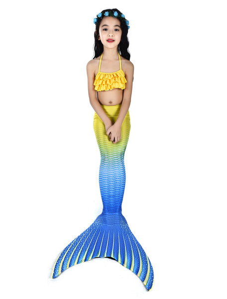 Image of Kids Mermaid Costume Halloween Blue Ombre Fish Tail Swimsuits 2 Piece Set