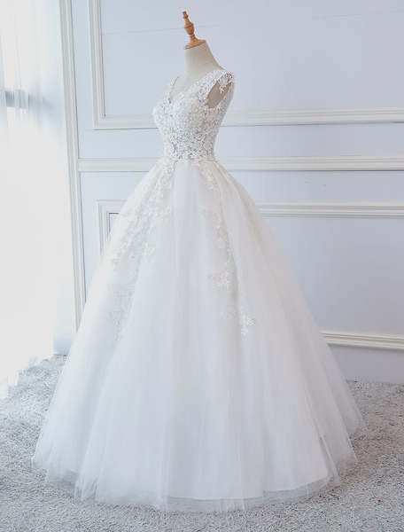 Milanoo Princess Wedding Dresses Ball Gowns Lace V Neck Sleeveless Floor Length Bridal Gowns