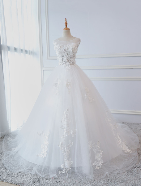 Milanoo Princess Wedding Dresses Ball Gowns Lace Flowers Applique Sleeveless Bridal Gowns With Train
