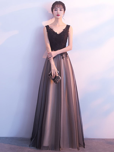 Milanoo Black Prom Dresses Long V Neck Lace Tulle Sleeveless A Lien Floor Length Formal Evening Dres