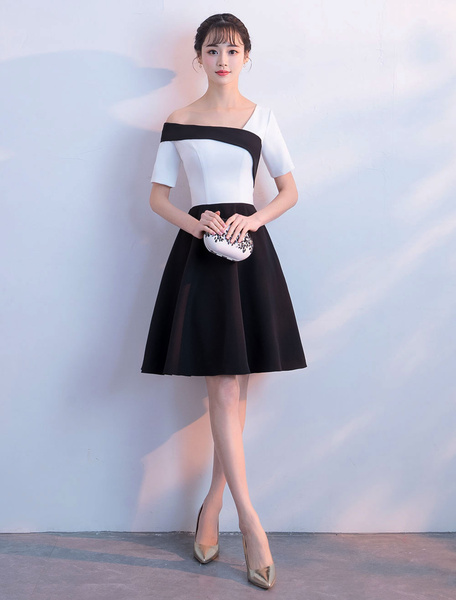 Image of Cocktail Dresses Black Short Wedding Guest Dress Asymmetrical Neckline Knee Length Graduation Dress