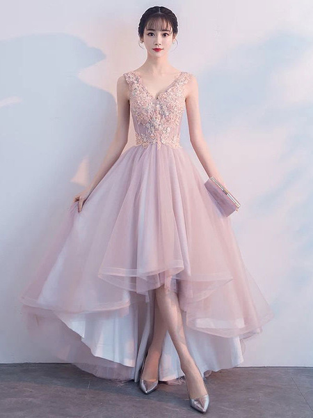 Milanoo Pink Prom Dresses Lace V Neck High Low Graduation Dress Asymmetrical Party Dress