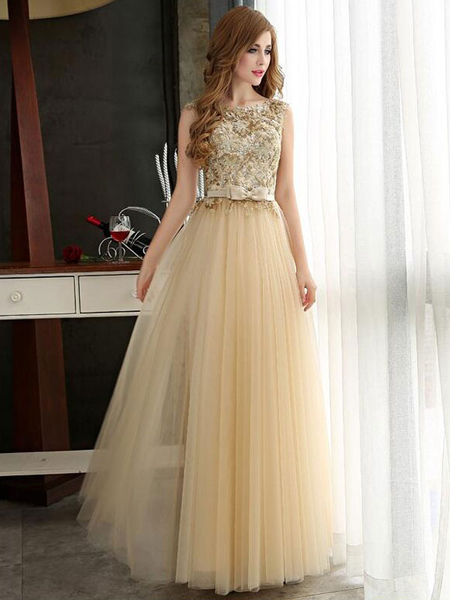 Milanoo Prom Dresses Light Gold Lace Tulle Long Graduation Dress Bow Sash Floor Length Party Dress