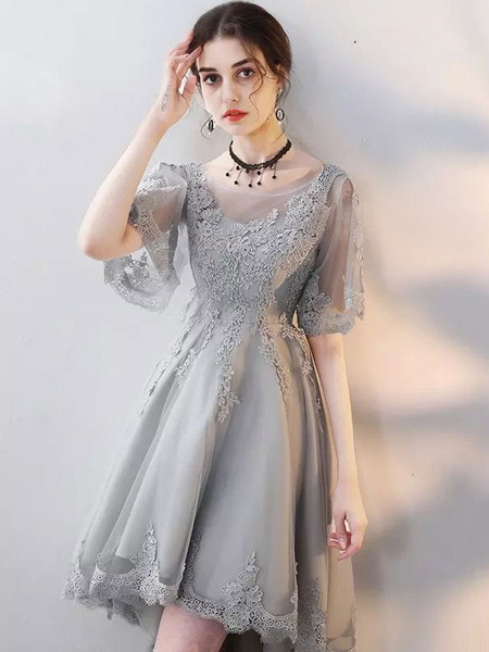 Milanoo Grey Prom Dresses Short Lace Backless Cocktail Dress Short Sleeve Cute Graduation Dress