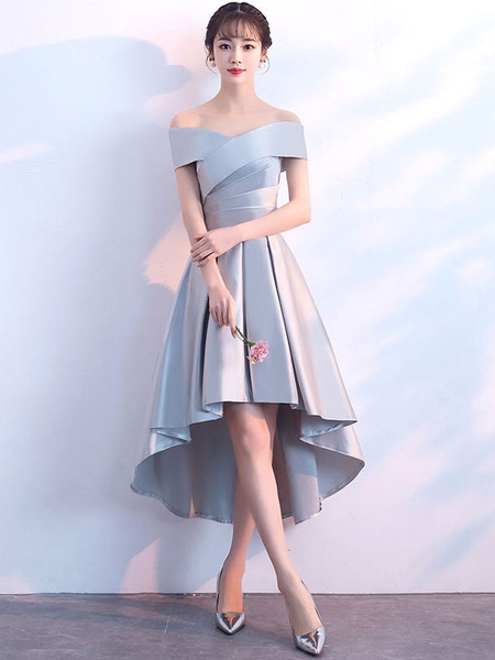 Image of Cocktail Dresses Light Grey High Low Short Prom Dress Satin Asymmetrical Graduation Dress