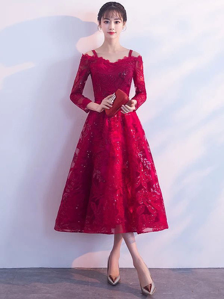 Milanoo Short Prom Dresses Burgundy Lace Graduation Dress Cold Shoulder Long Sleeve Tea Length Cockt