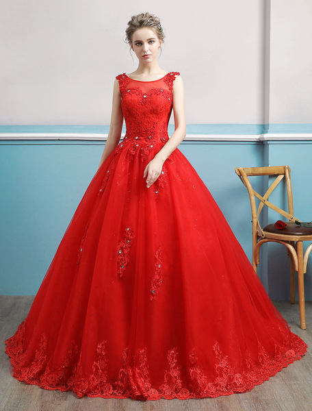 Milanoo Red Wedding Dresses Lace Applique Beaded Princess Ball Gowns Train Bridal Dress