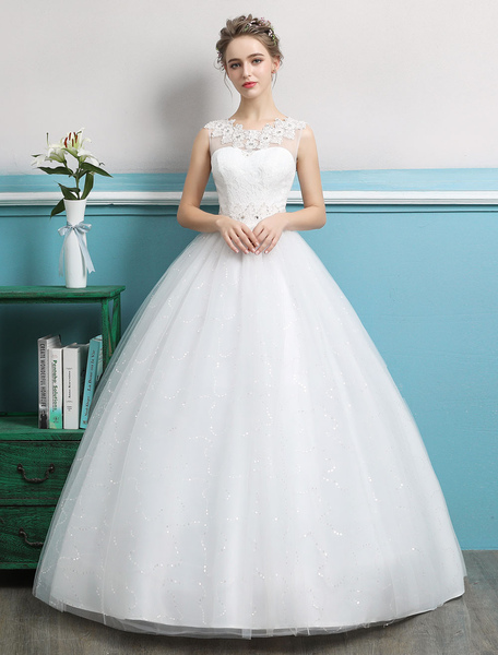 Milanoo Princess Ball Gown Wedding Dresses Tulle Backless Ivory Beading Floor Length Bridal Dress