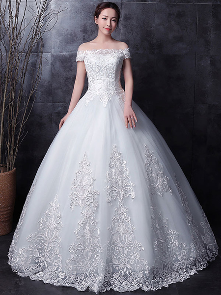 Milanoo White Wedding Dresses Lace Off Shoulder Short Sleeve Lace Applique Floor Length Bridal Dress