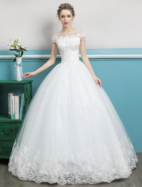 Milanoo Princess Wedding Dresses Ball Gowns Lace Beaded Ivory Floor Length Bridal Dress
