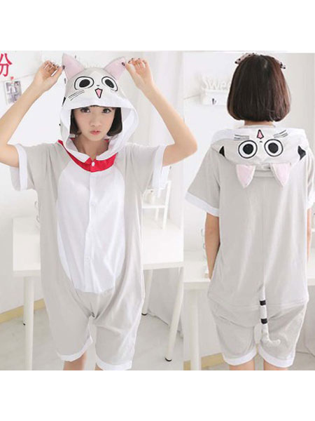 Image of Kigurumi Pajamas Cats Onesie Light Grey Short Jumpsuits Summer Animal Sleepwear For Adults