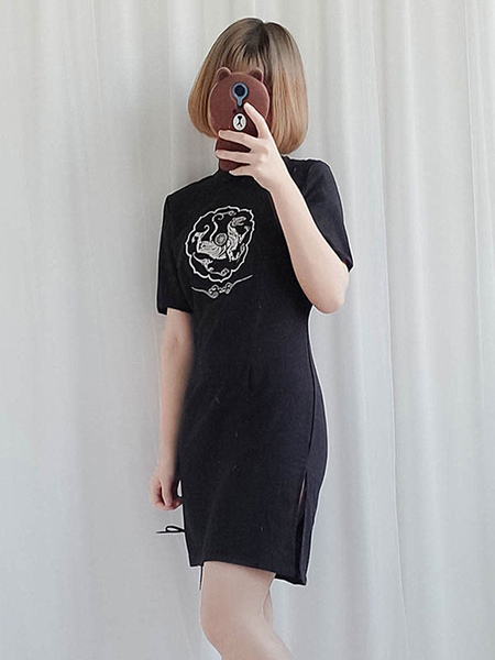 Image of Chinese Style Lolita OP Dress Print Chiffon Black Lolita One Piece Dress
